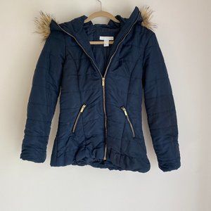 H&M Woman’s Small Winter Hooded Coat Blue With Fur Trim Lined Hood Gently Used